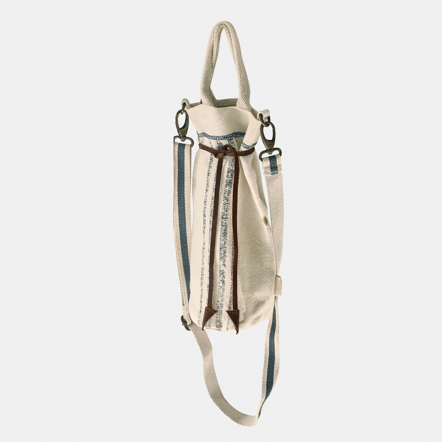 Flaschentragetasche Pawera Beige Stofftasche mit blauen Streifen und braunem Band, praktischer Rucksack für den Alltag