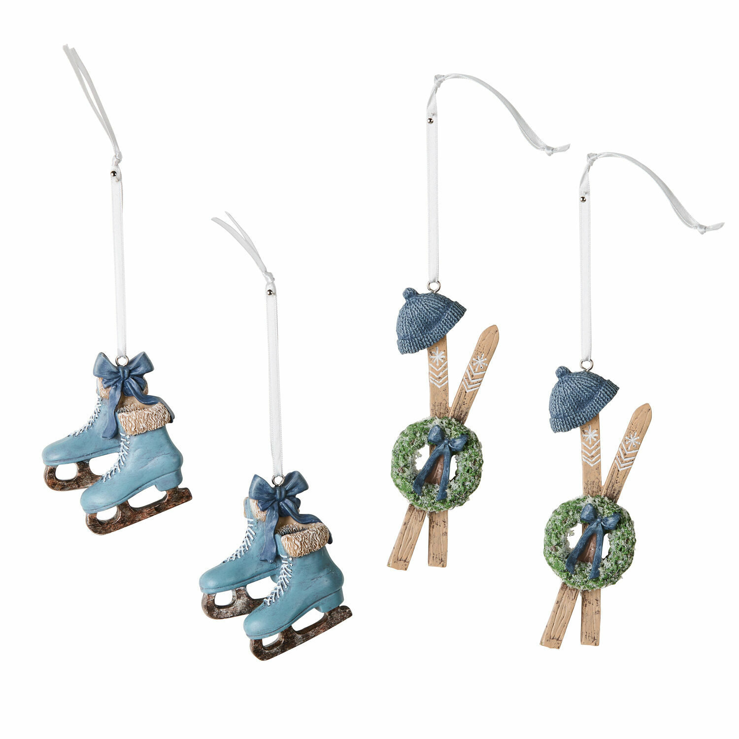 blau 4-teiliges Set blaue Kunststoffanhänger: Schlittschuhe und Ski mit Kranz für Weihnachtsbaum