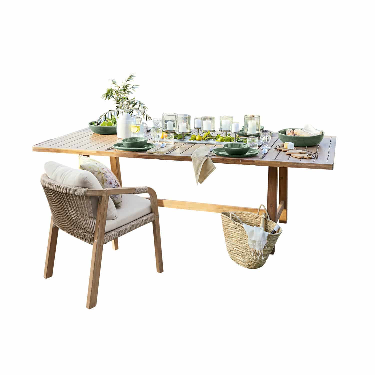 Tisch FSC®-100% Kennedy Holz-Gartentisch mit grünen Geschirr und gepolstertem Stuhl, Terrassendekoration