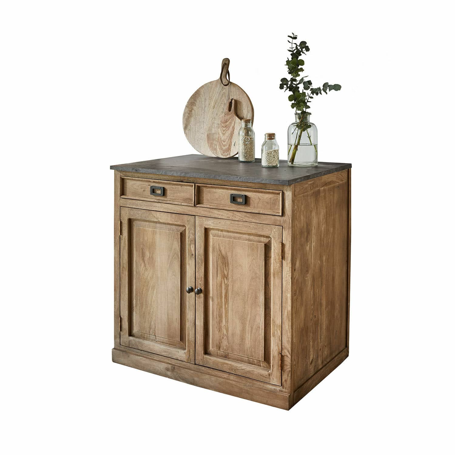 Schrank Montégut Holzkommode mit grauer Arbeitsplatte, zwei Schubladen und Türen, Küchenaccessoires darauf