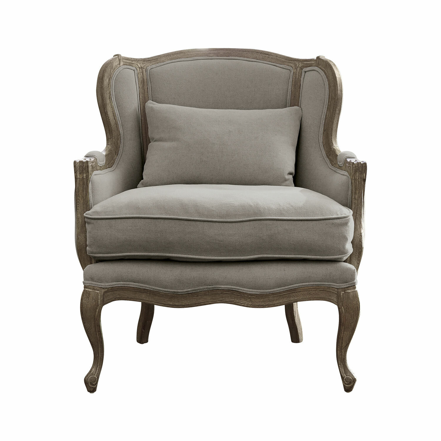 grau Kingswinford Sessel mit grauem Stoffbezug und geschnitztem Holzrahmen im Vintage-Stil