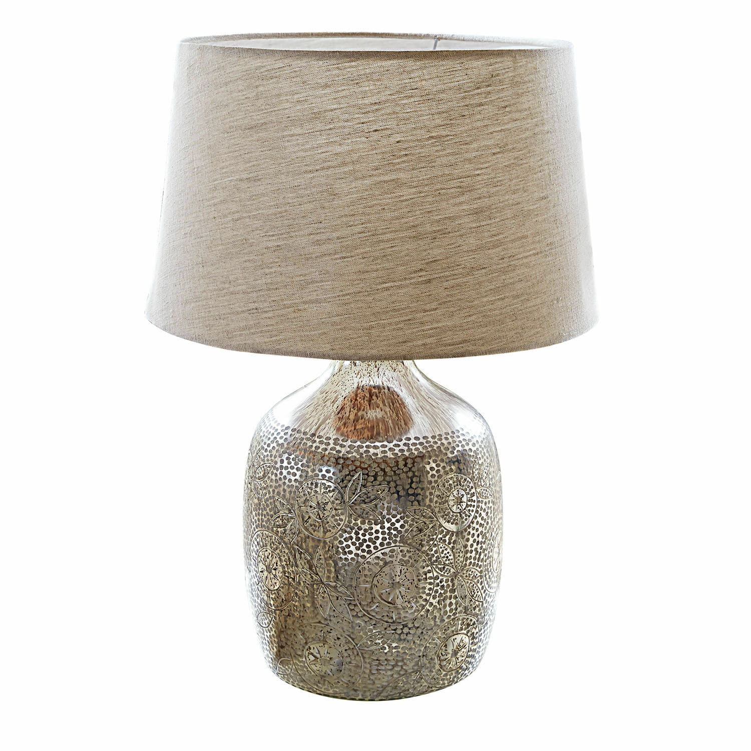 Tischlampe Leonarda Tischlampe mit beigem Lampenschirm und verziertem braunem Glasfuß für Wohnraumbeleuchtung