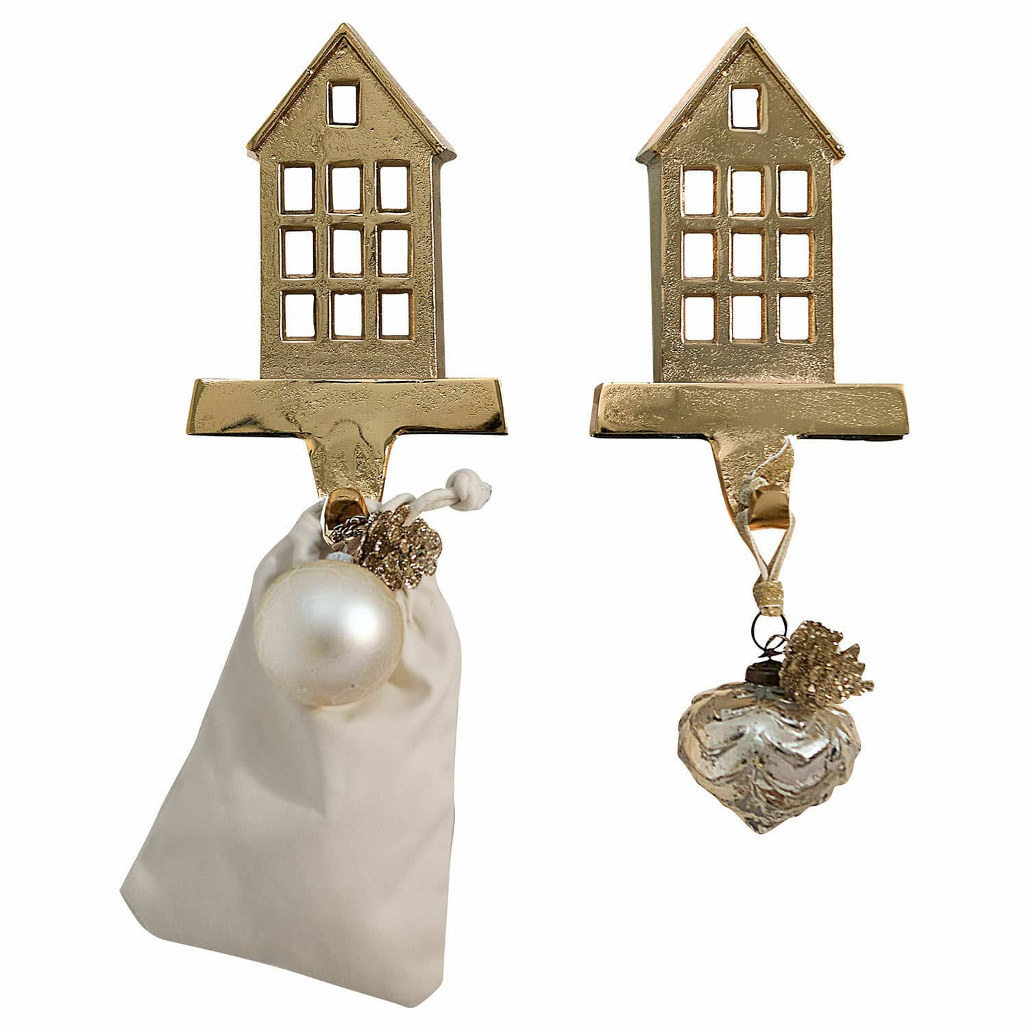 Haken 2er Set Xanique Goldene Metallhaken in Hausform mit Weihnachtsanhängern und beigem Stoffbeutel