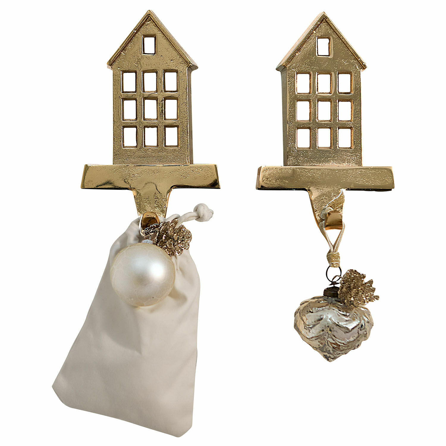 Haken 2er Set Xanique Goldene Metallhaken in Hausform mit Weihnachtsanhängern und beigem Stoffbeutel