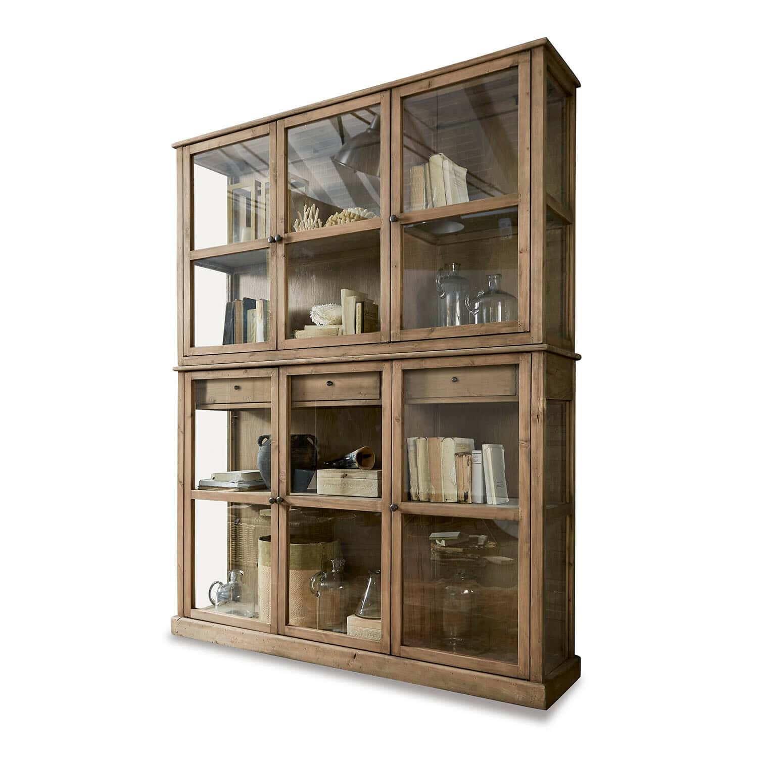 antikbraun Großer Blaise Schrank aus antikbraunem Holz mit Glastüren und Regalen für Bücher und Dekorationen