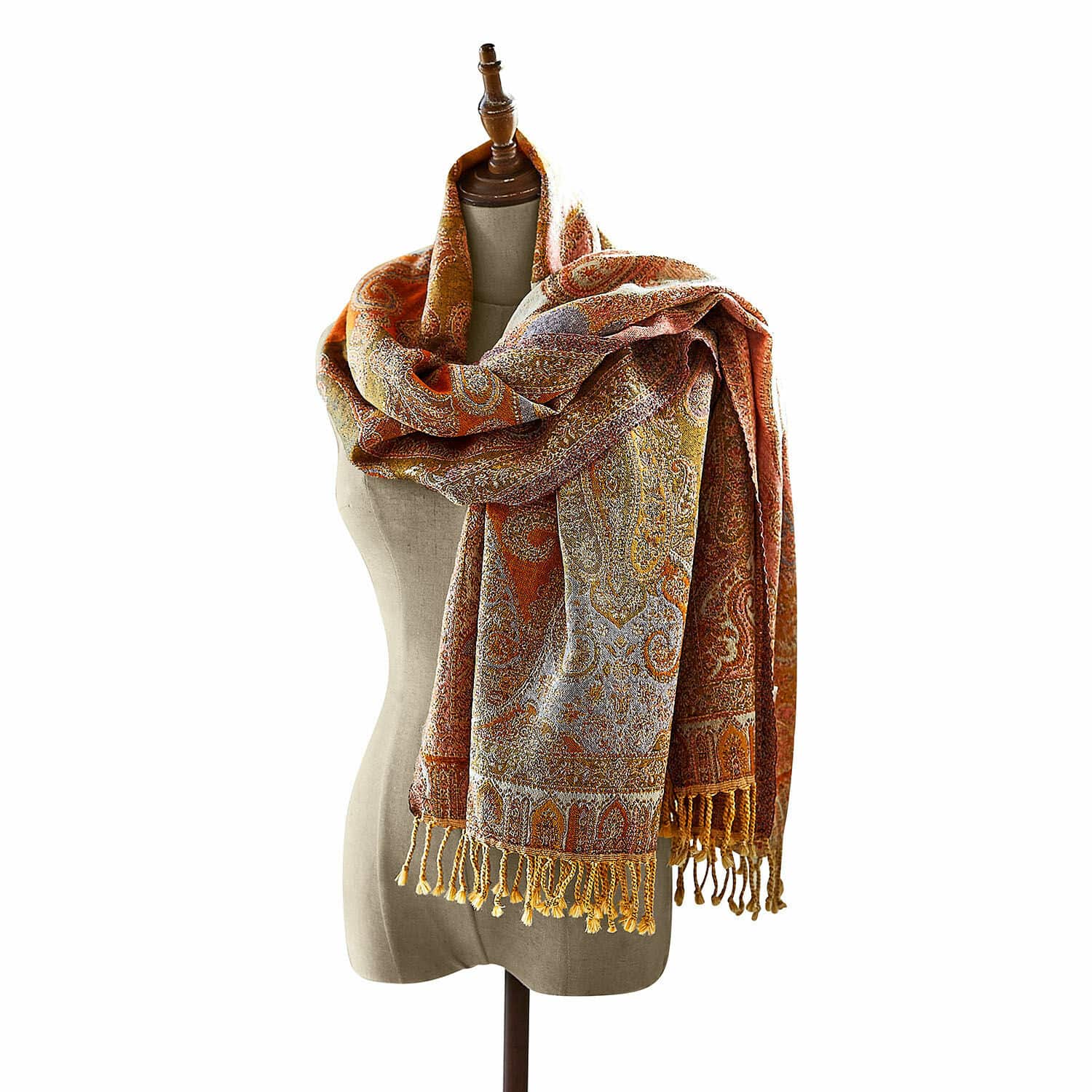 Schal Kifah Großer Schal mit Paisley-Muster in warmen Orange- und Gelbtönen mit Fransen, weiches Material