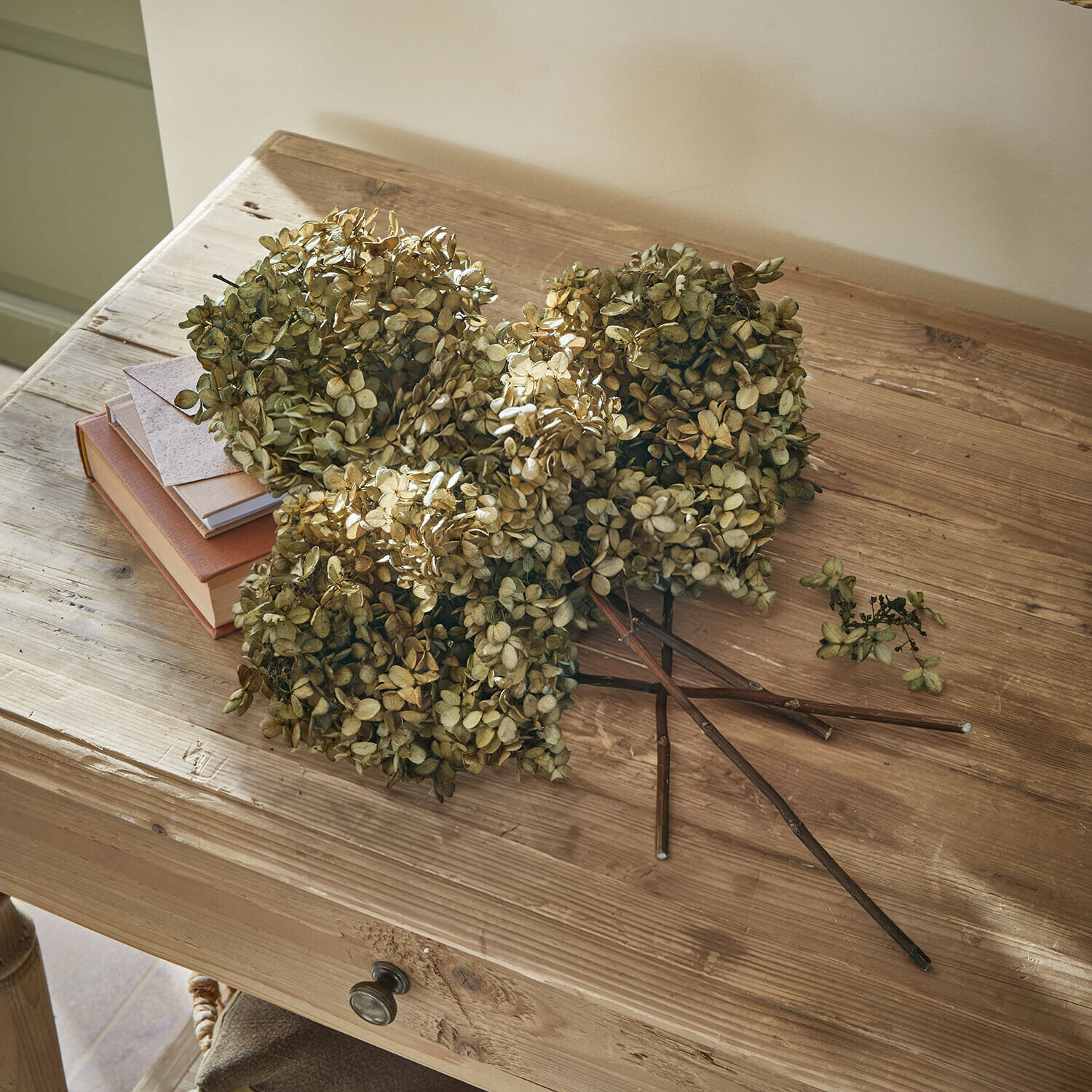 Getrocknete beige Hortensienblüten auf einem Holztisch mit Büchern und einem Briefumschlag