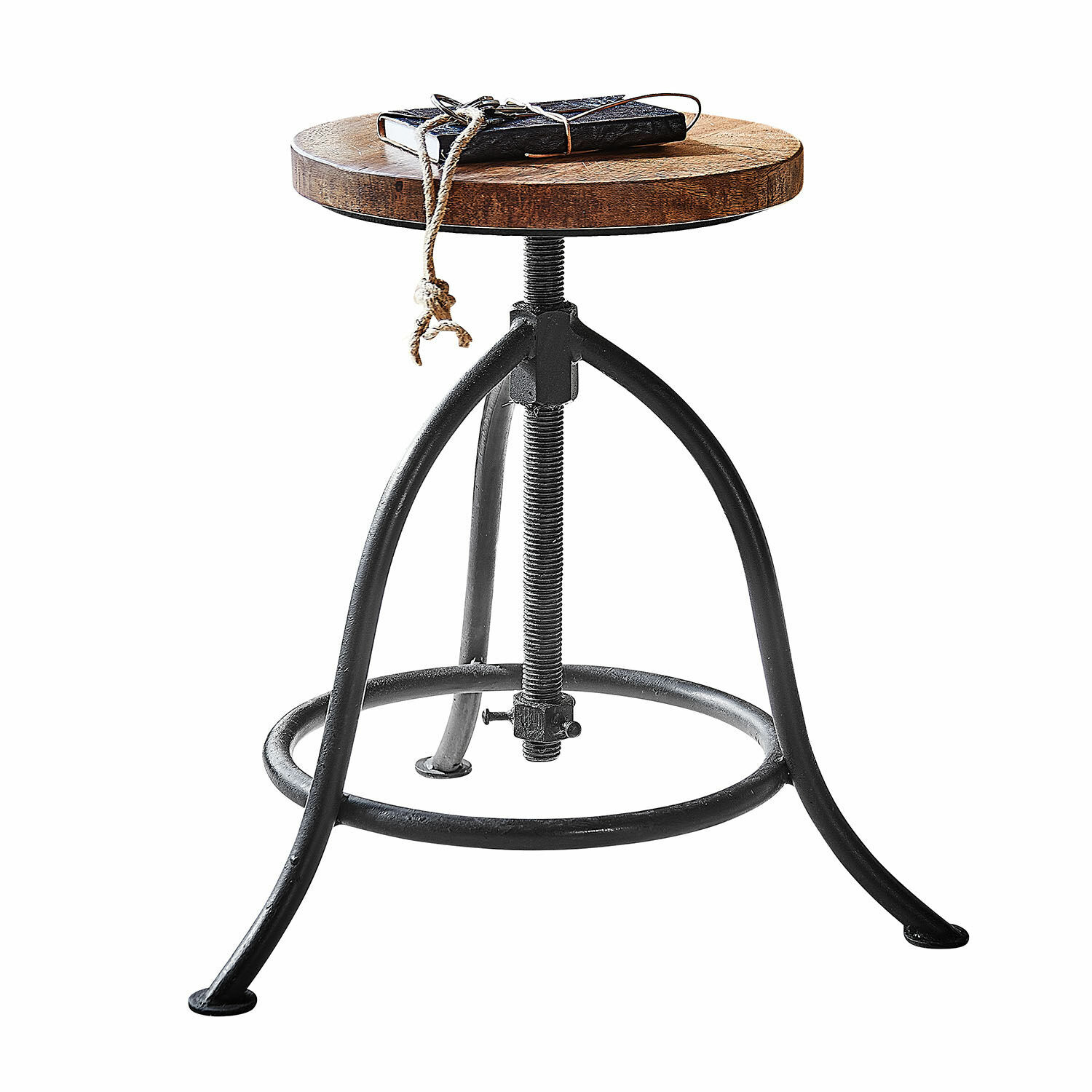 Hocker Greenbriar Industrieller Hocker mit verstellbarer Holzplatte und schwarzem Metallgestell