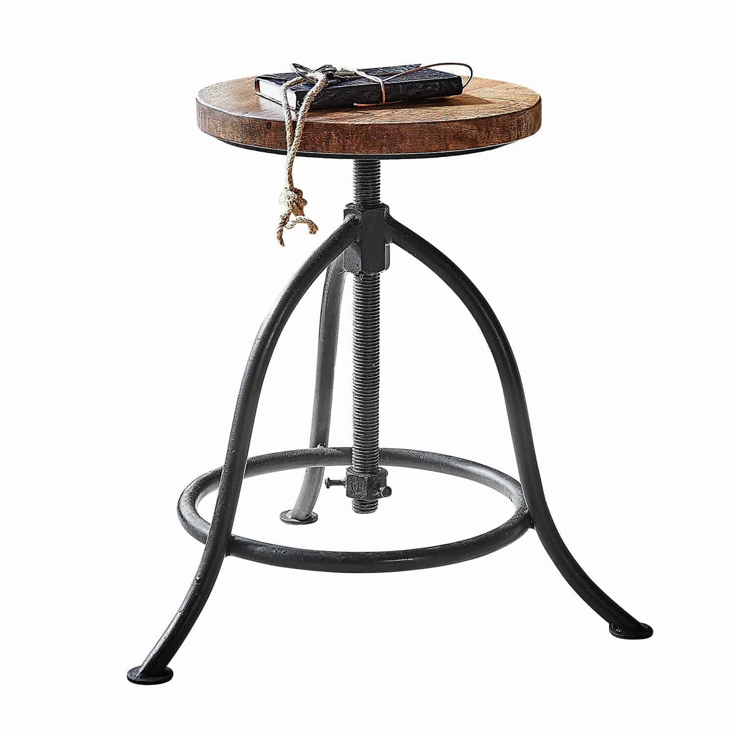 Hocker Greenbriar Industrieller Hocker mit verstellbarer Holzplatte und schwarzem Metallgestell