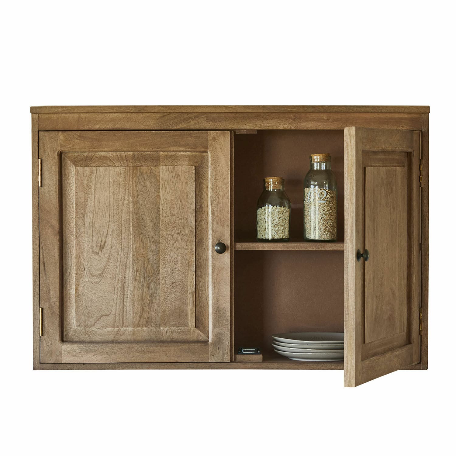 Hängeschrank Montégut Wandschrank aus Holz in Naturfarbe mit Türen, Regalen für Teller und Gläser