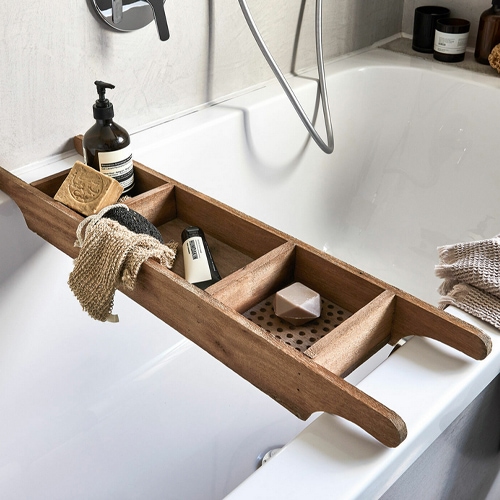 Holzbadewannenablage mit Fächern für Kosmetik und Accessoires, natürliche Farbe