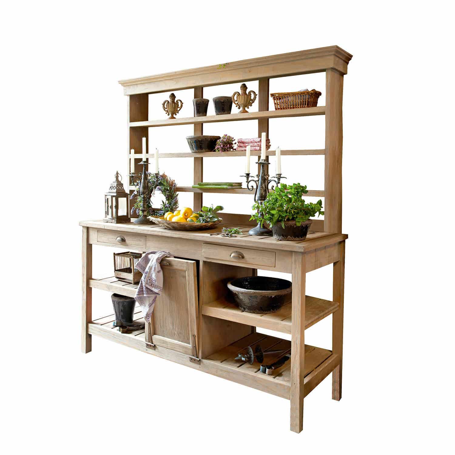 Gartenschrank Fallon Holz-Kredenz in Naturfarbe mit Regalen und Schubladen für Stauraum und Dekoration