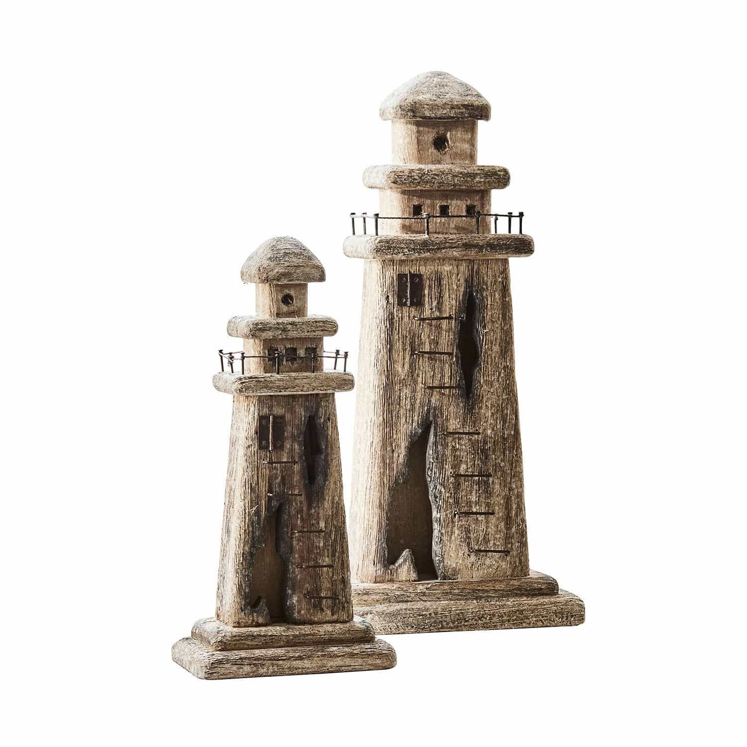Deko-Leuchtturm 2er Set Bourgneuf Zwei dekorative Leuchttürme aus Holz in natürlichem Braun, verschiedene Größen, Wohn- und Gartendeko