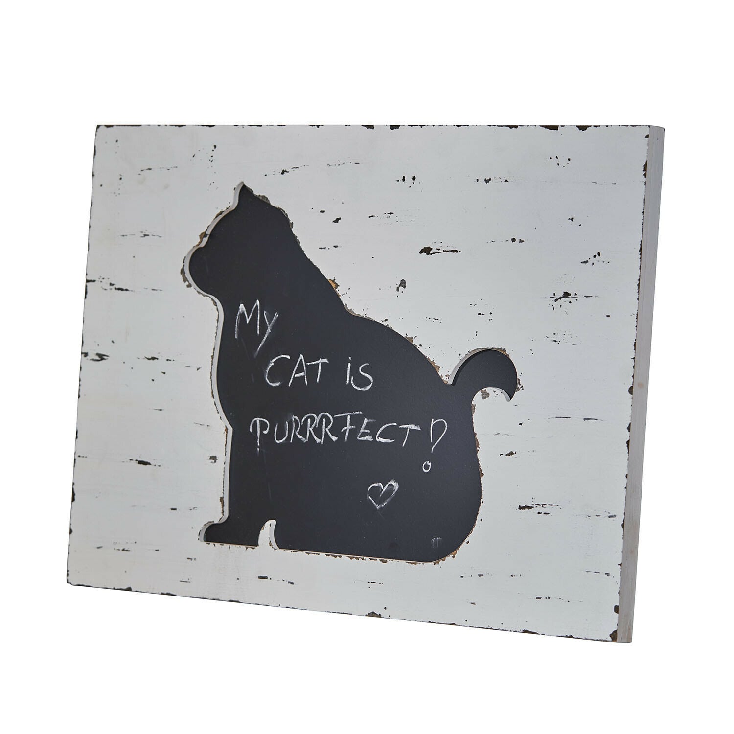 Tafel Viviennea Kreidetafel aus weißem Holz mit schwarzer Katzenform und Text über perfekten Katzen