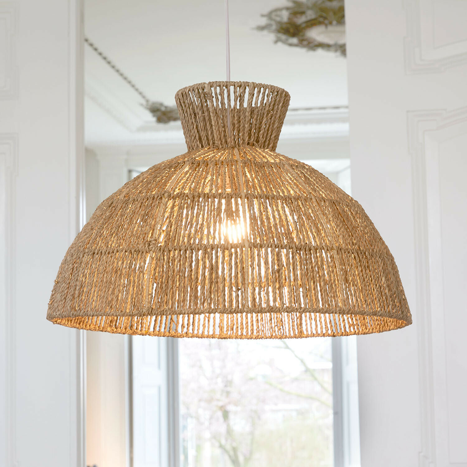 Lampenschirm Marcellines Hängelampe aus natürlichem beige geflochtenem Seil, Boho-Stil, Wohnzimmerbeleuchtung