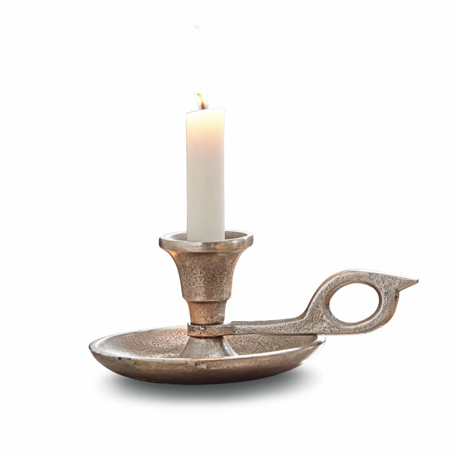 Kerzenständer Aida Metall-Kerzenhalter mit Griff in Silberfarbe und brennender weißer Kerze