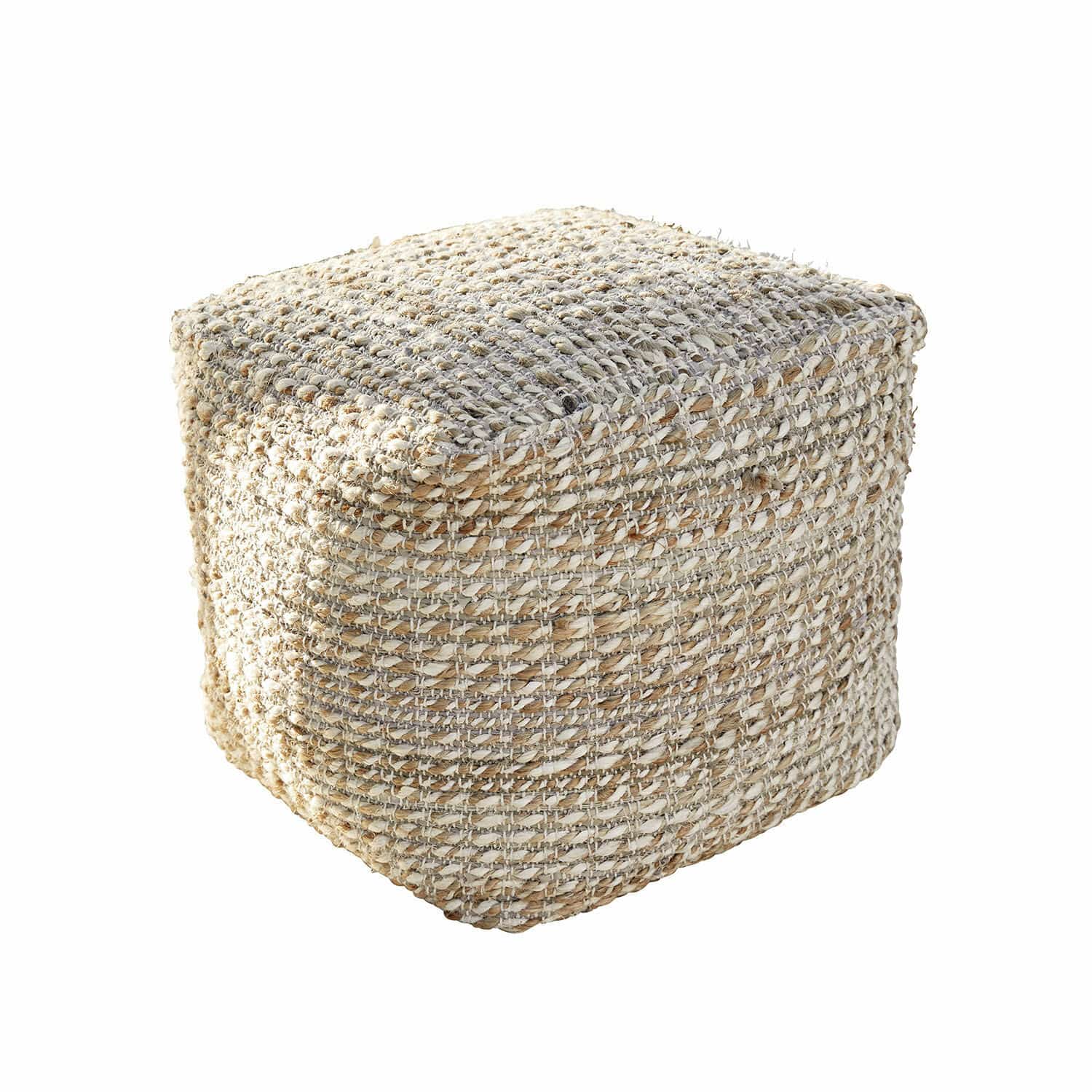 Hocker Davin Quadratischer Pouf aus geflochtenem Naturmaterial in Beige-Grau für Wohnzimmer