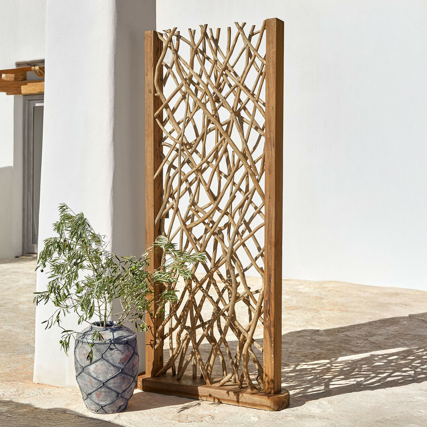 Paravent Sivenas Natürlicher Raumteiler aus Holz und hellen Ästen, dekorativ für Garten und Wohnraum
