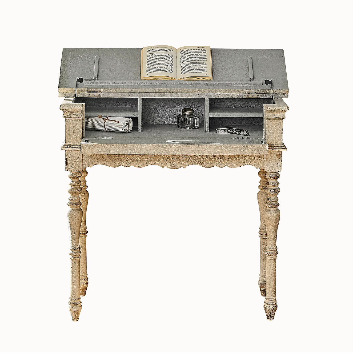 Konsole Arterton Vintage Holzschreibtisch in Beige und Grau mit aufgeklapptem Deckel und Buch auf der Arbeitsfläche