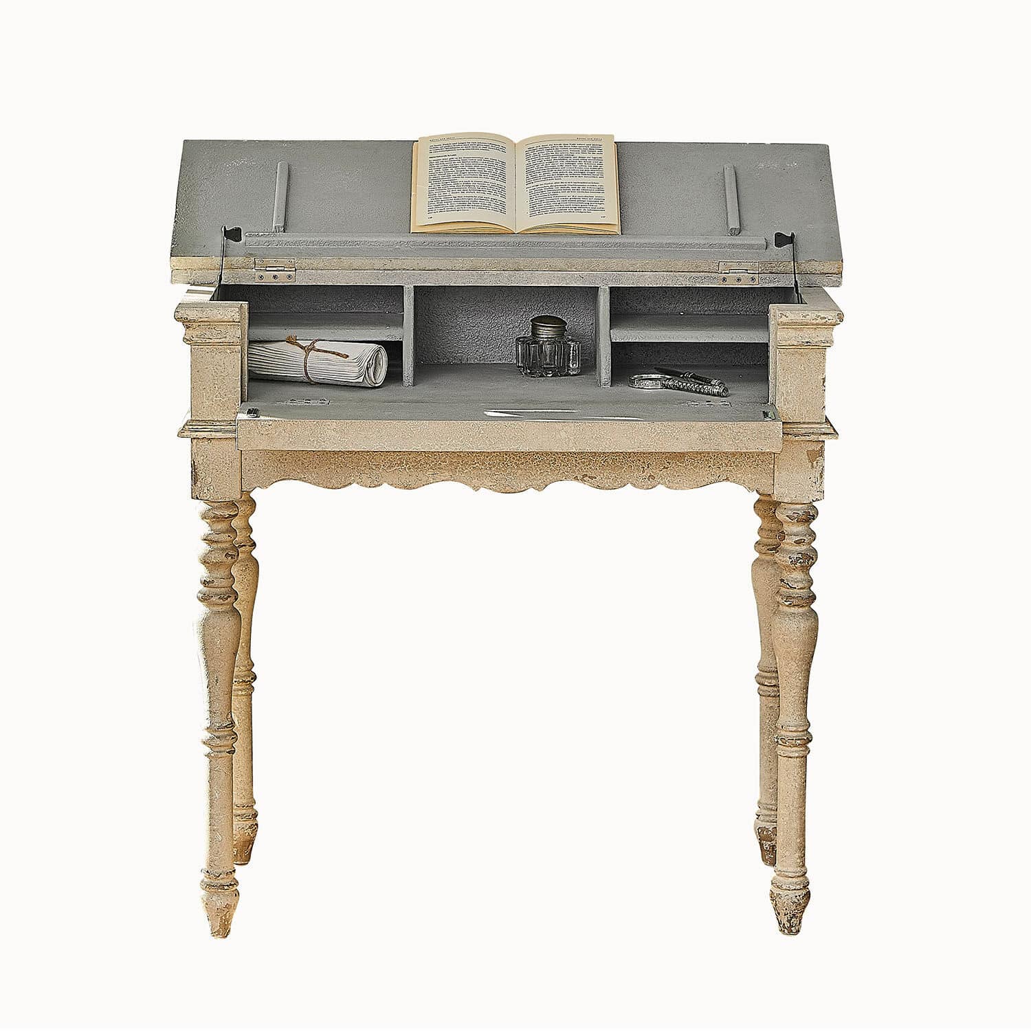 Konsole Arterton Vintage Holzschreibtisch in Beige und Grau mit aufgeklapptem Deckel und Buch auf der Arbeitsfläche