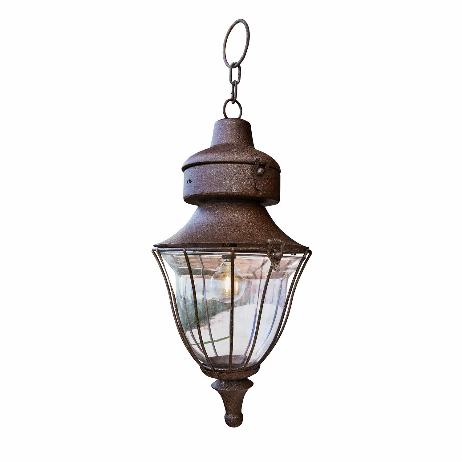 Wiederaufladbare LED-Laterne Gambier Hängende Außenlampe aus rostigem Metall mit klarem Glas und sichtbarer Glühbirne, rustikales Design