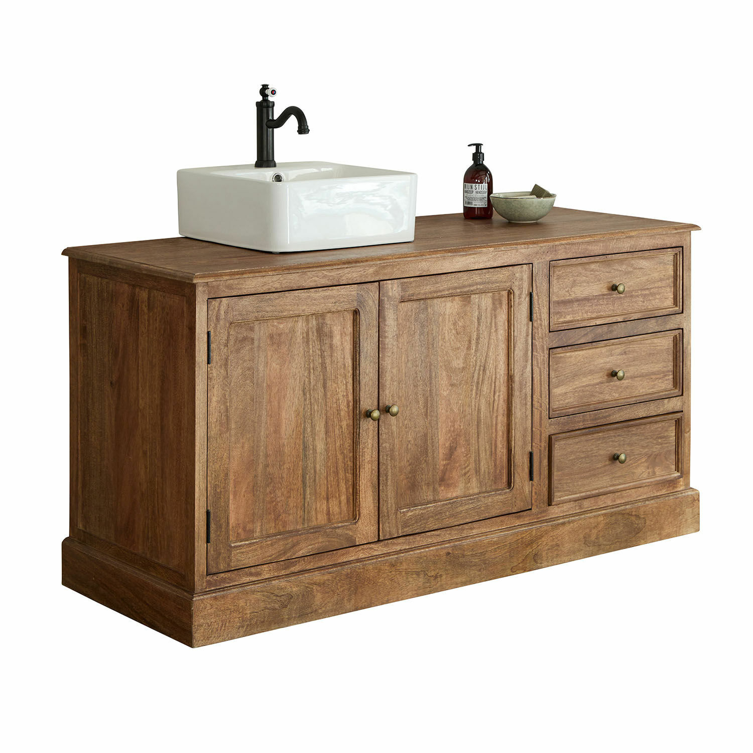 Waschtisch Dorchester Holz-Badezimmerschrank mit weißem Keramikwaschbecken und schwarzem Wasserhahn, Naturholzfarbe