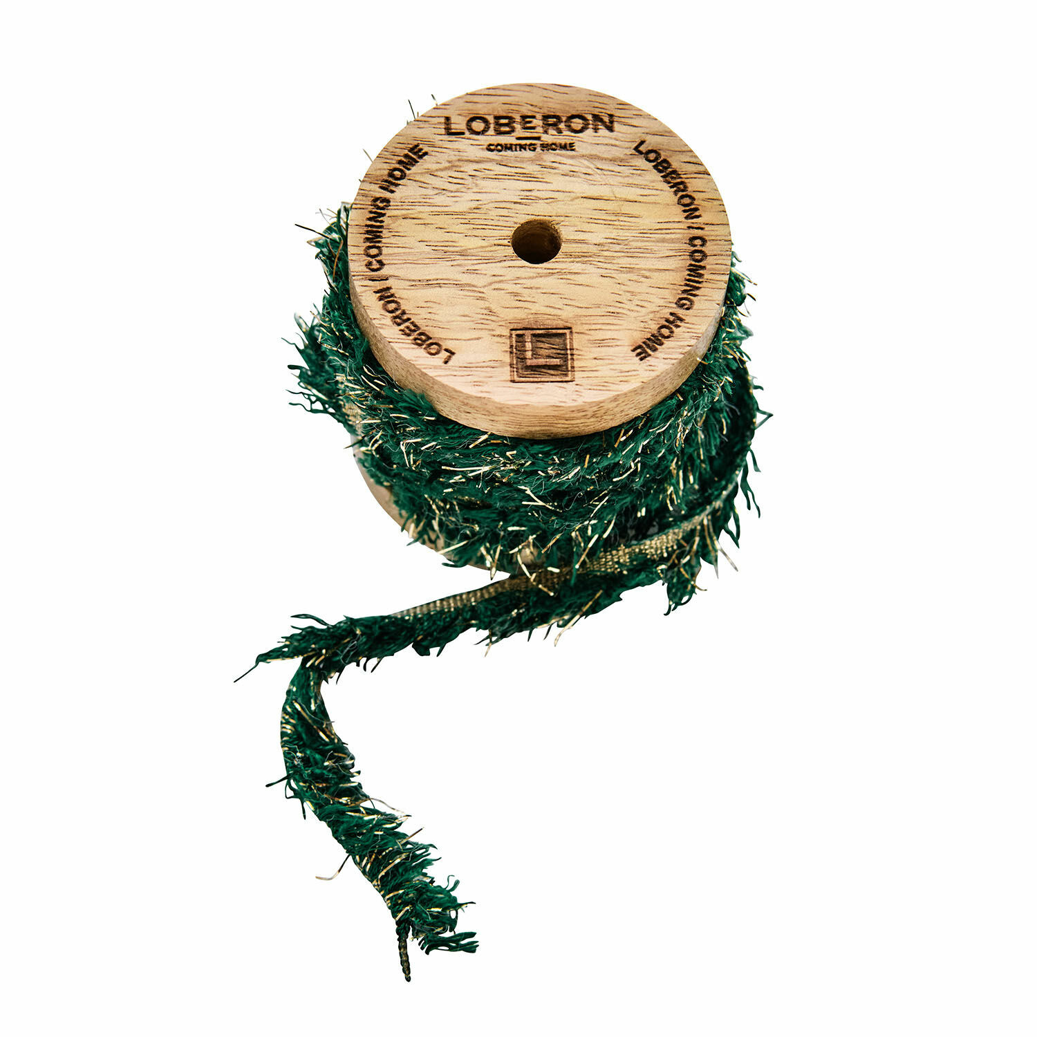 Band Calarith Holzspule mit grünem Dekoband und goldenen Glitzerelementen für festliche Dekoration