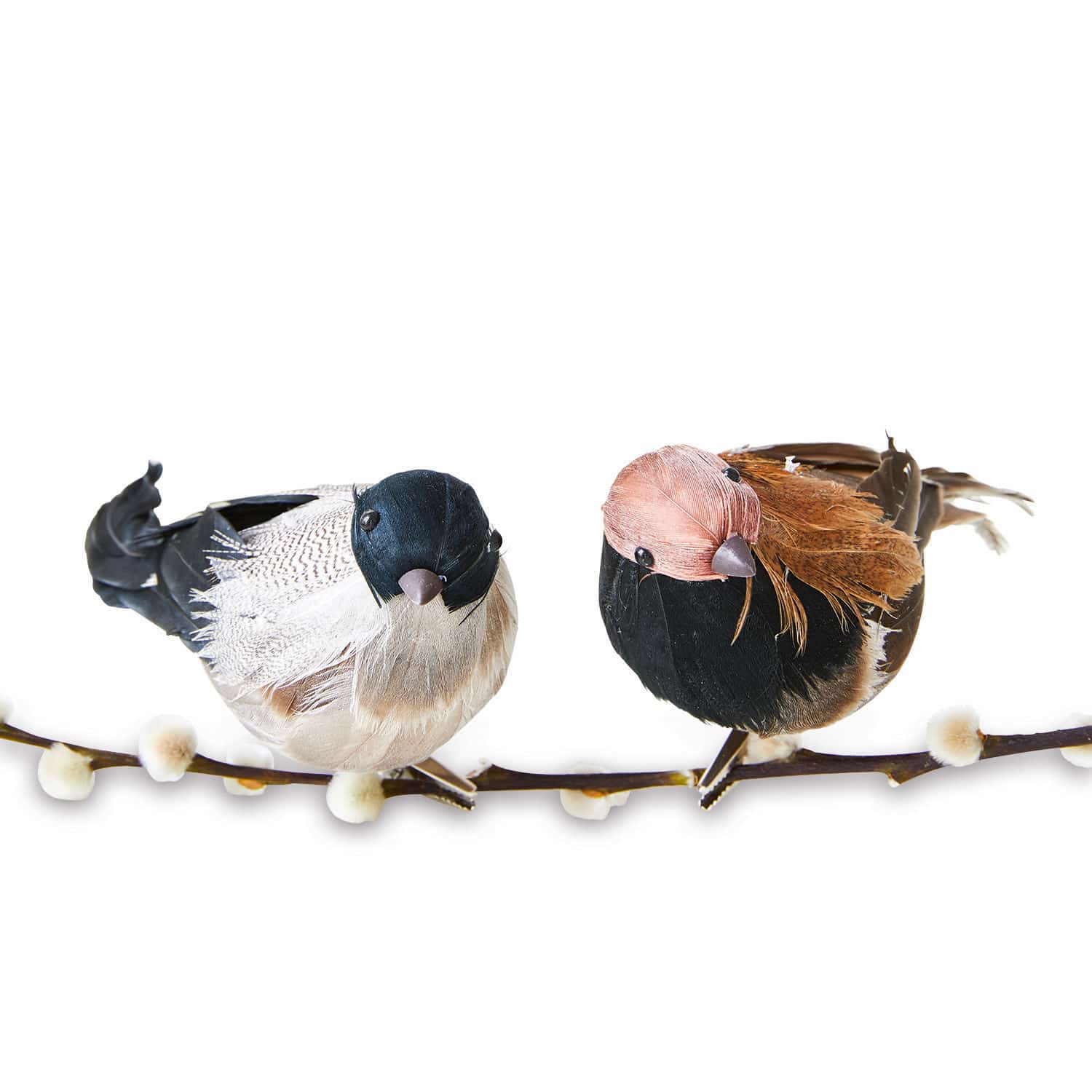 Vogel 2er Set Harera Zwei dekorative Vögel aus Federn auf Zweig mit Knospen, natürliche Wohnraumdekoration