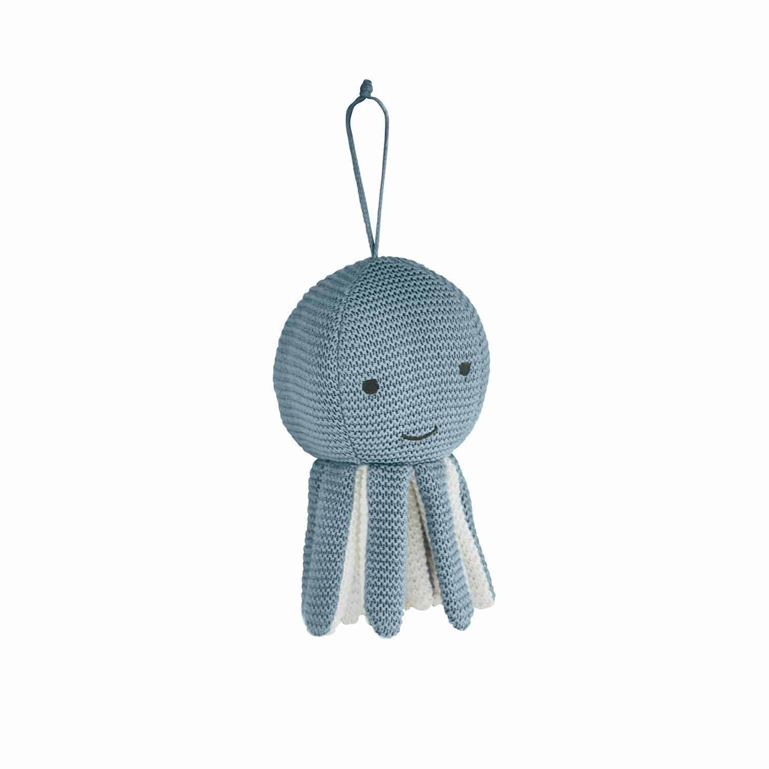 Spieluhr Cozycot Gestrickte blaue Oktopus-Hängedekoration mit weißen Details, Kinderzimmer-Zubehör