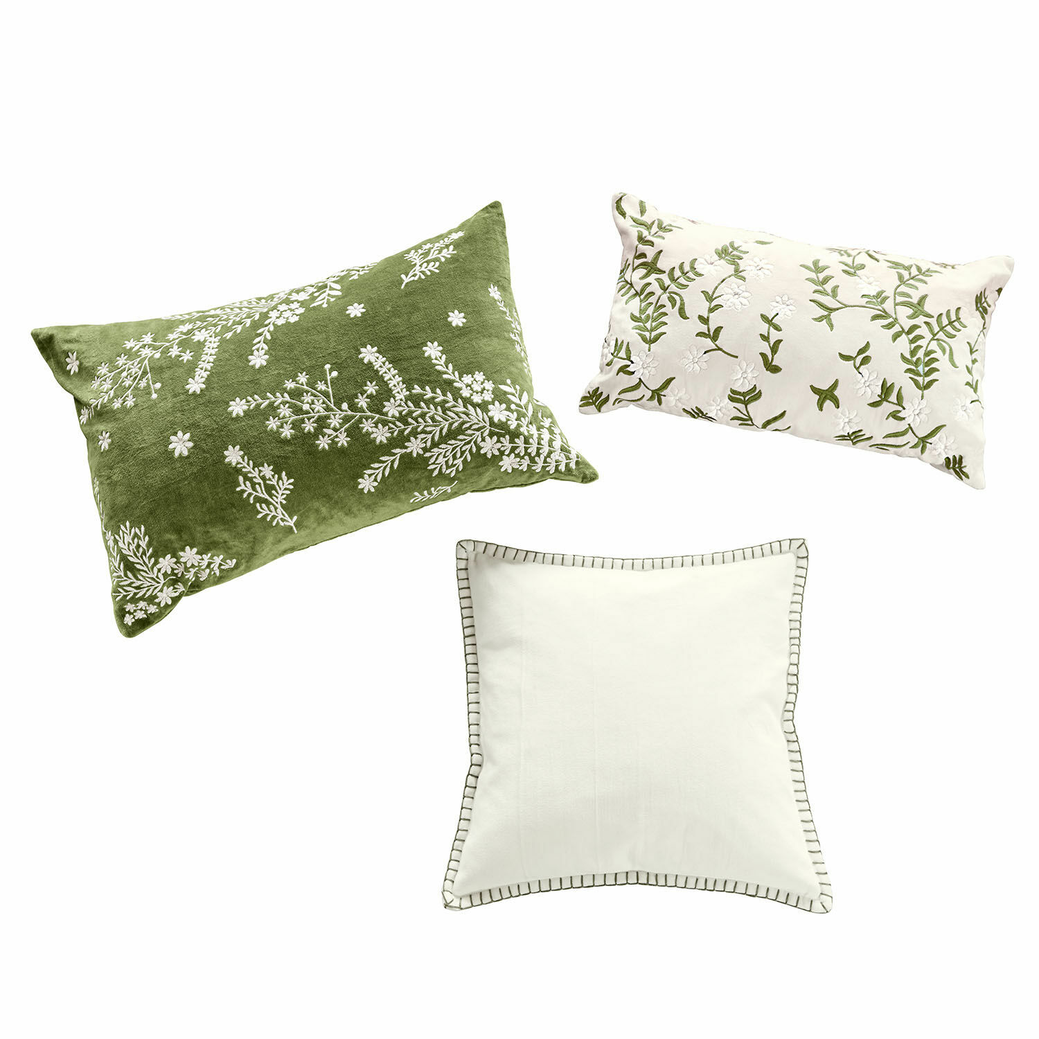 Kissenhülle 3er Set Iplique Set aus drei dekorativen Kissen mit grüner und weißer Stickerei, weiches Material, Wohnaccessoire