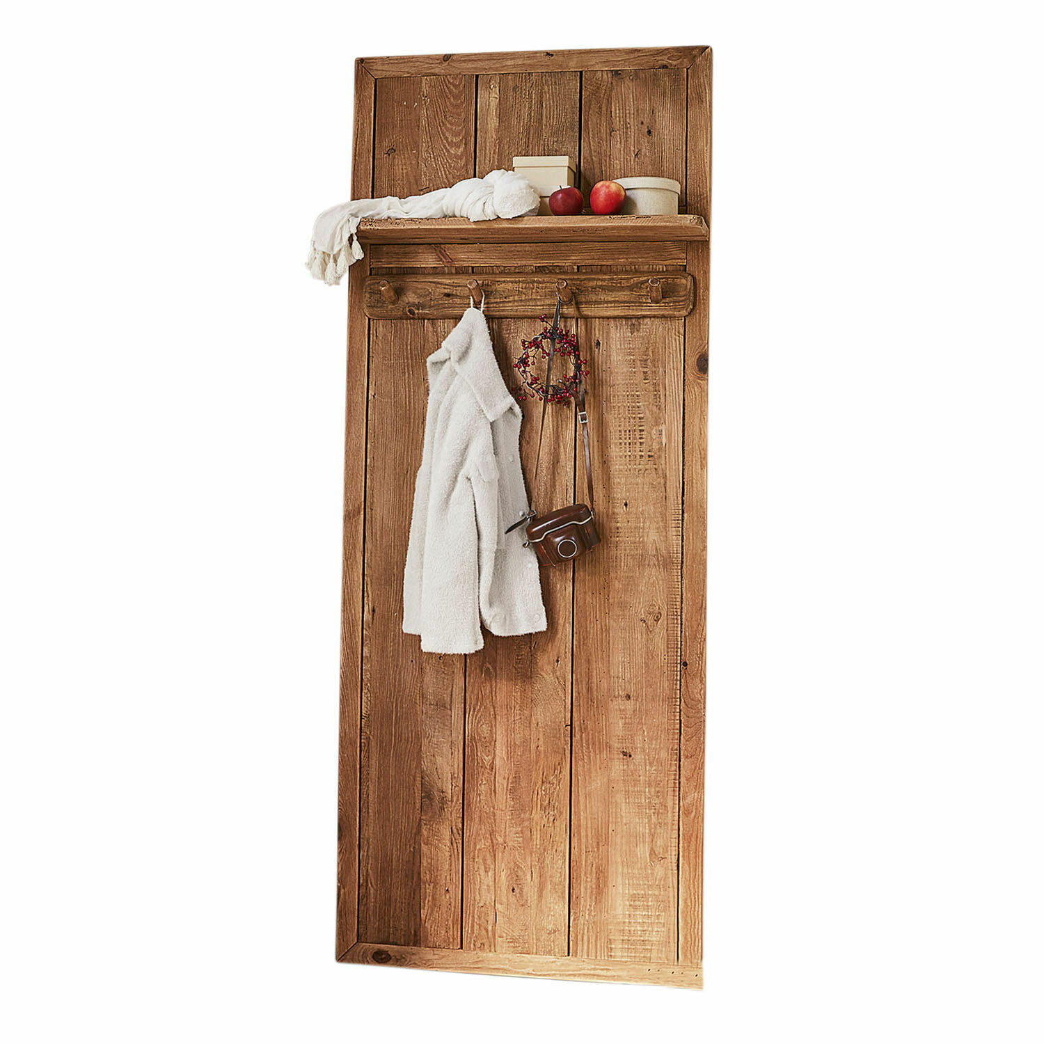 Garderobe Argenteuil Rustikale Holz-Wandtafel mit Haken und Ablage in Naturfarbe für Flur und Aufbewahrung