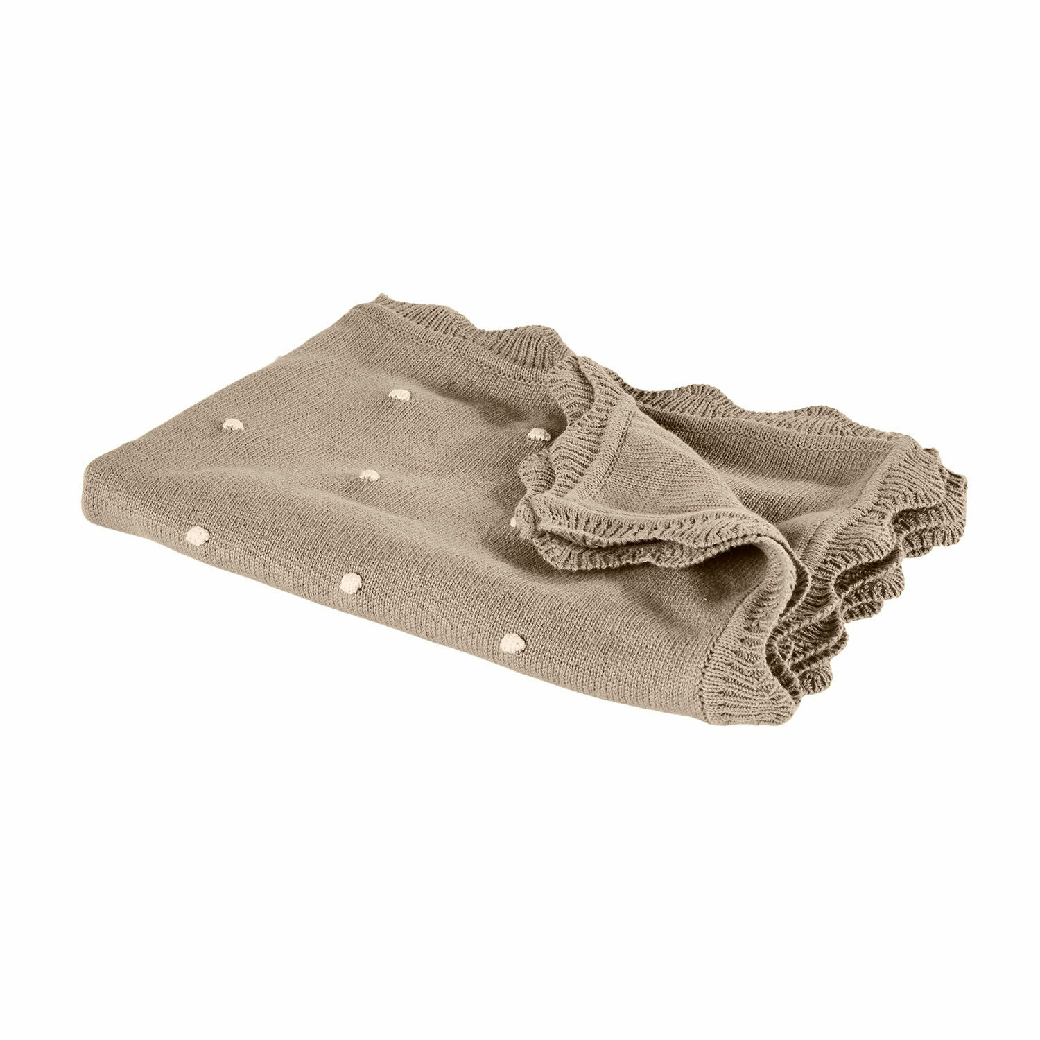 Plaid Saphie Beige gestrickte Decke mit weißen Punkten und Rüschensaum, weiches Material für Wohnraumdekoration