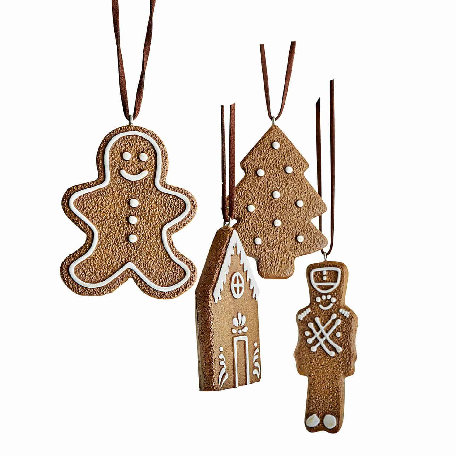 Anhänger 4er Set Nala Set aus Lebkuchenanhängern in Form von Lebkuchenmann, Tannenbaum, Haus und Soldat mit weißer Verzierung