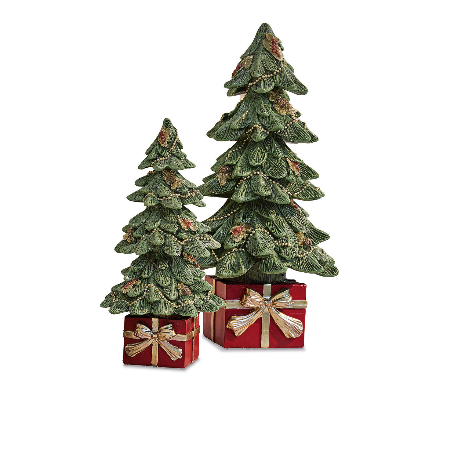 Deko-Baum 2er Set Verne Zweiteiliges Set grüner Weihnachtsbaum-Dekorationen mit roten Geschenken und goldenen Schleifen