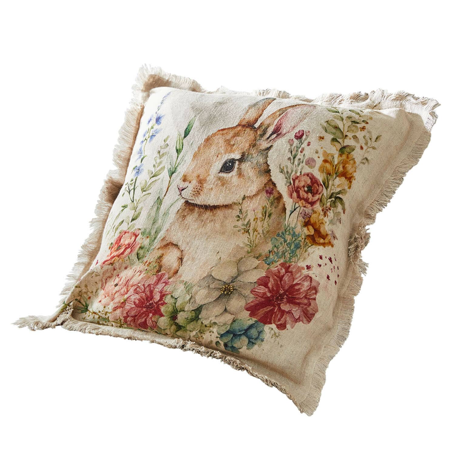 Beige Leinenkissen mit Hasenmotiv und bunten Blumen, dekoratives Wohnaccessoire