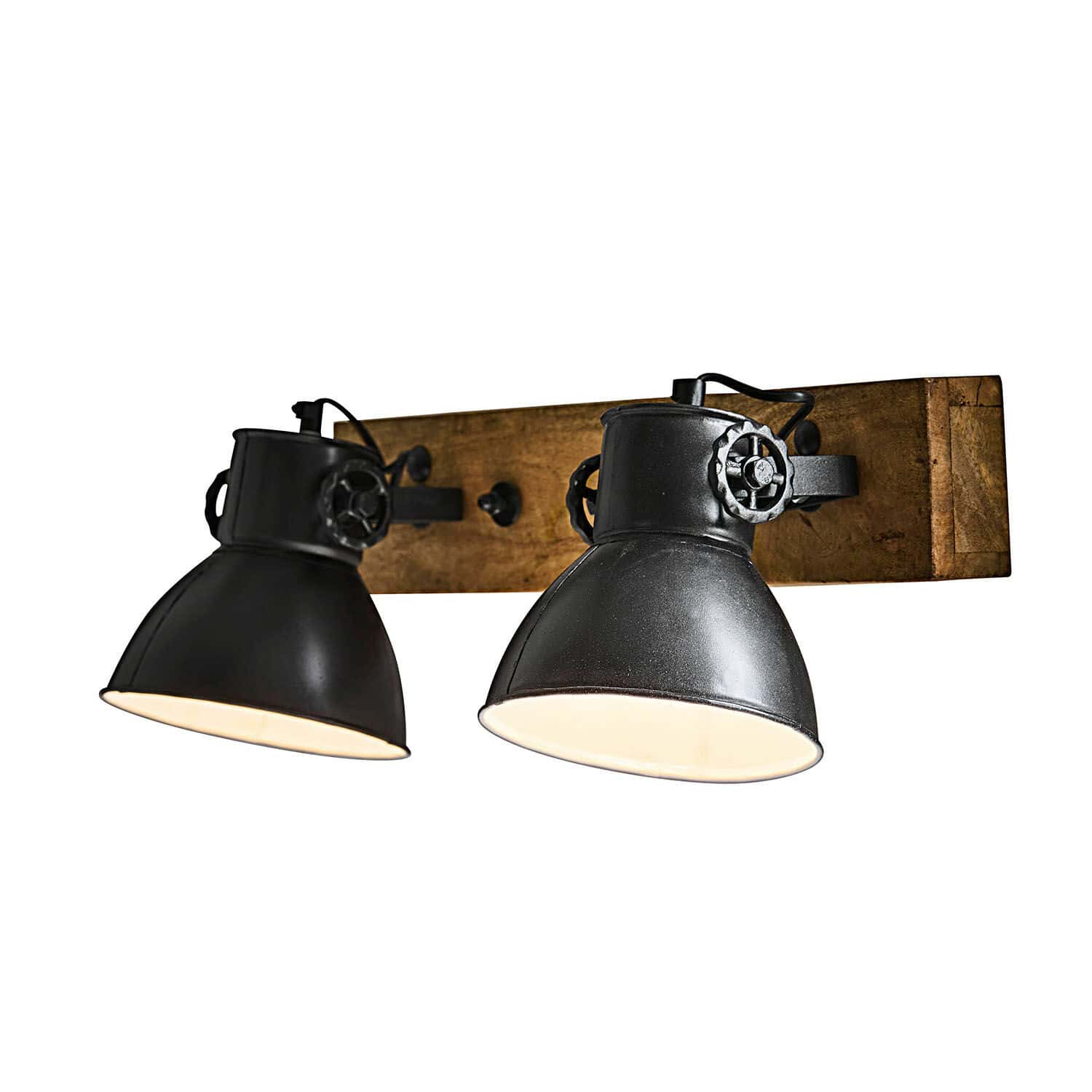 Wandlampe Périgné Schwarze Metall-Wandleuchte mit zwei verstellbaren Schirmen auf Holzplatte, industrieller Stil