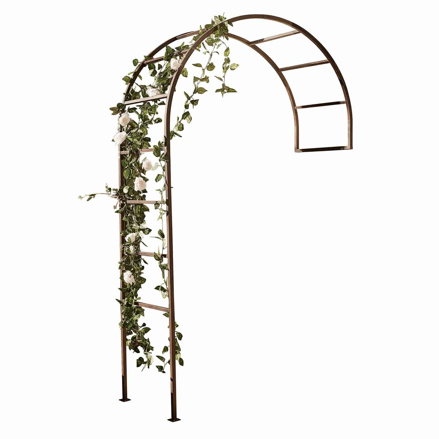 Rosenbogen Auburn Braune Metallbogenpergola mit grünen Blättern und weißen Blumen als Gartendekoration