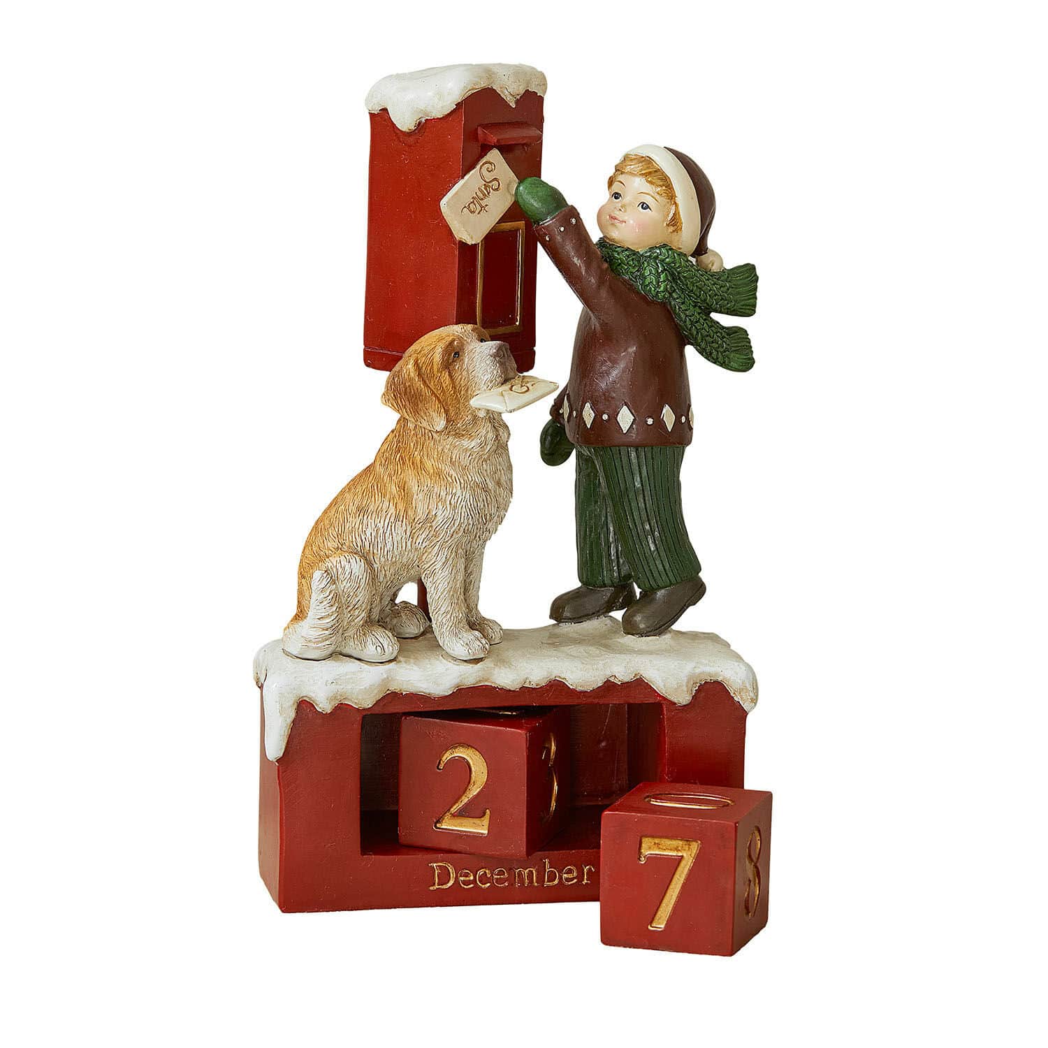 Kalender Norrholm Adventskalender-Figur aus Resin mit Junge und Hund an rotem Briefkasten im Dezember