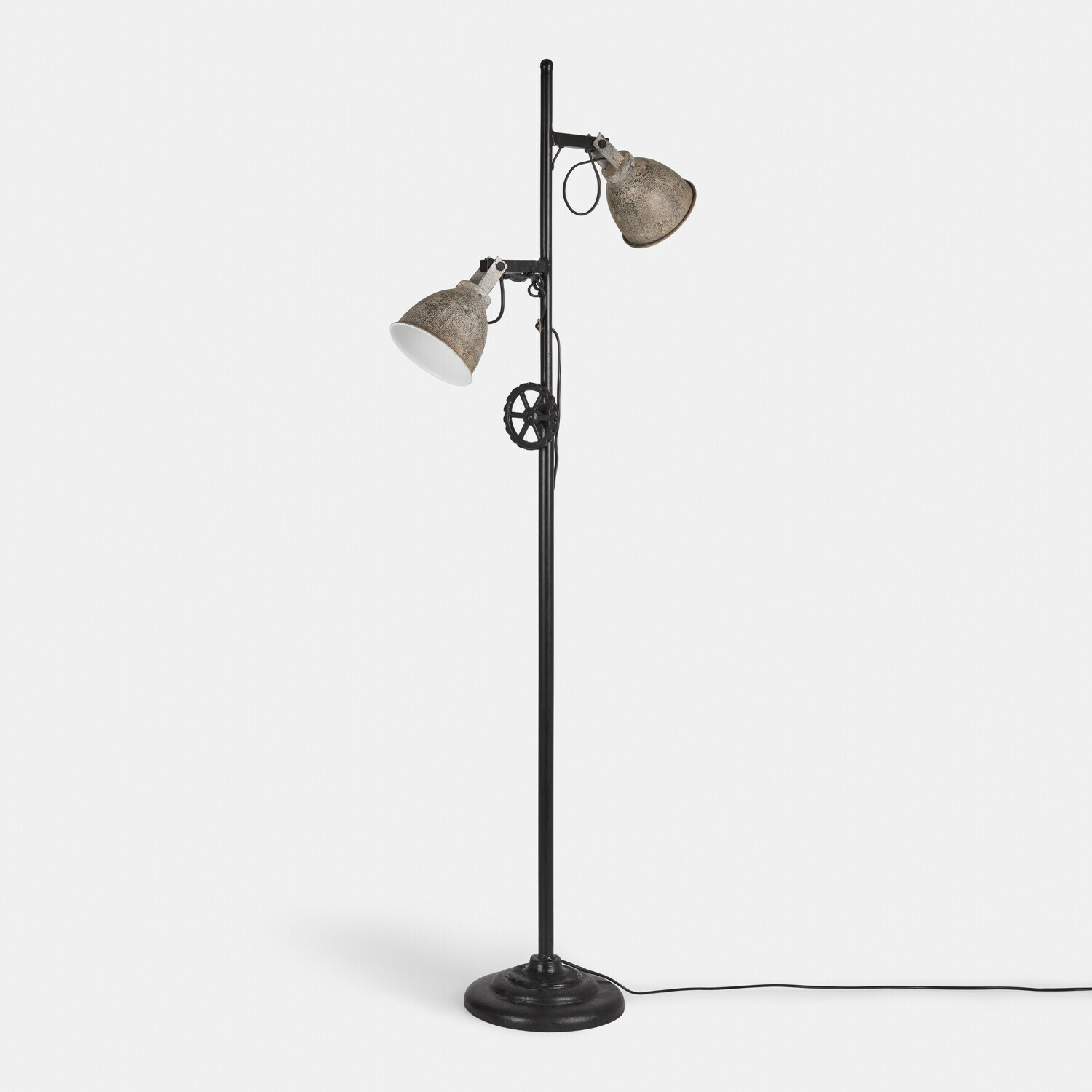 Stehlampe Fenric Stehlampe aus schwarzem Metall mit zwei verstellbaren grauen Lampenschirmen im Industrie-Design