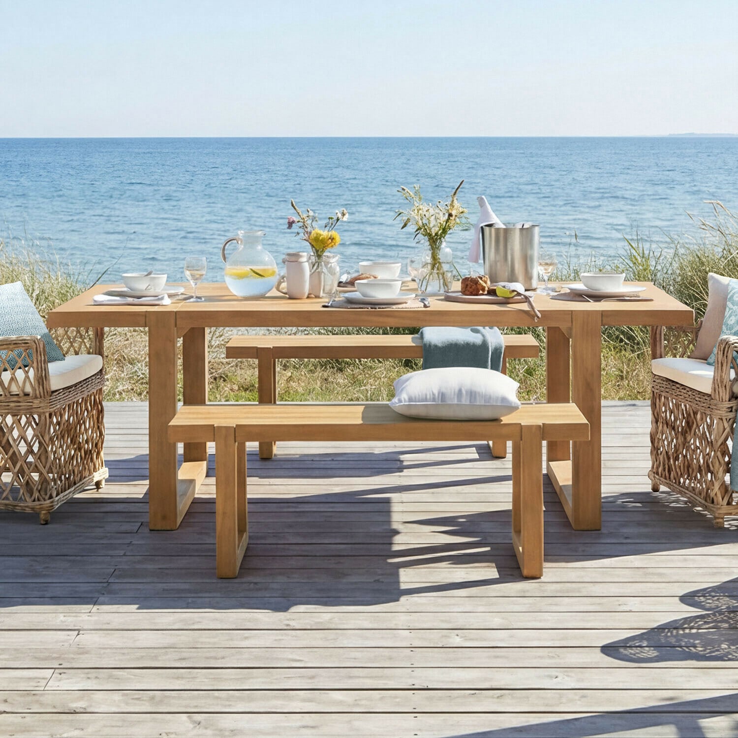 Tisch Halinor Holz-Gartentisch mit Bänken und Korbsesseln am Meer, dekoriert mit Geschirr und Blumen