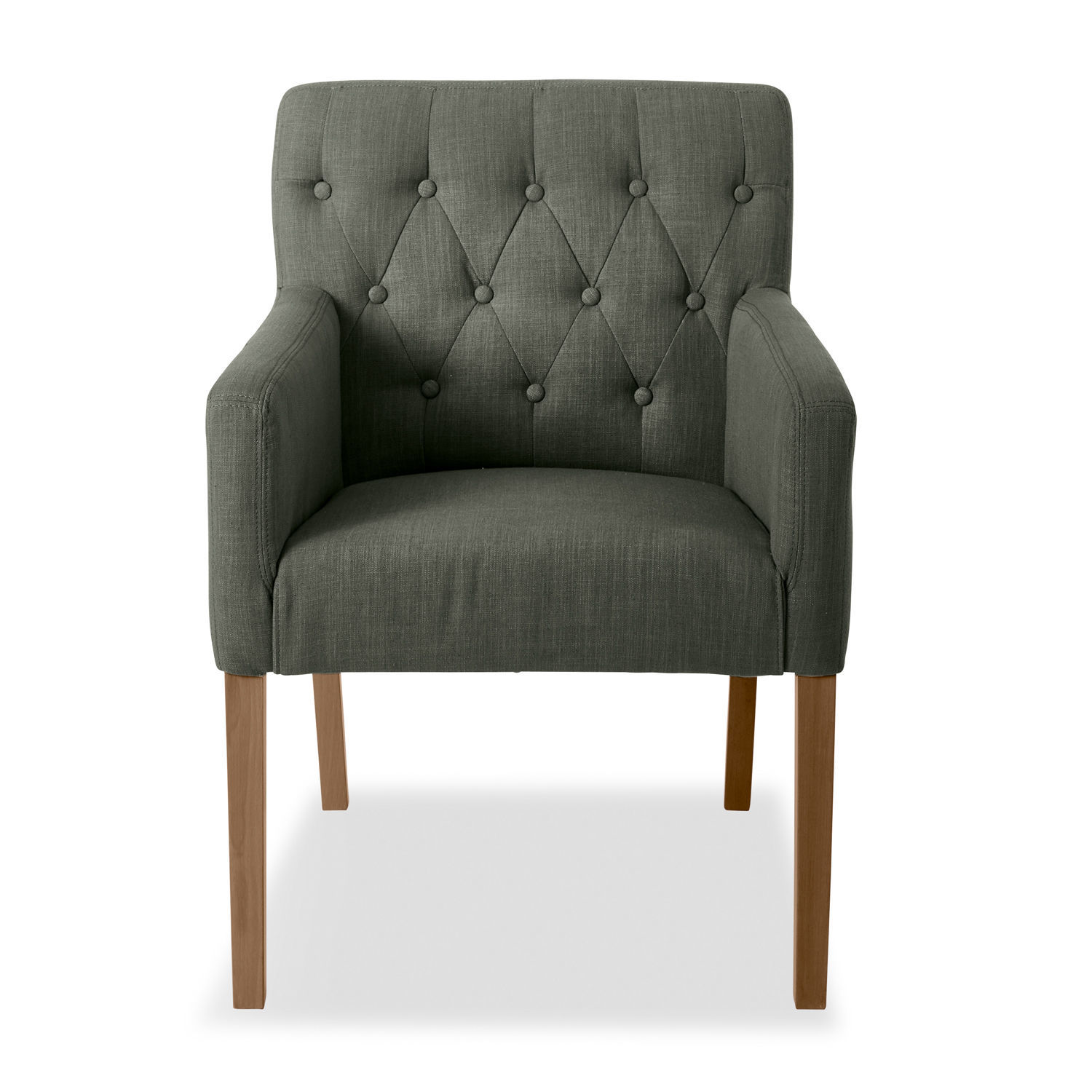 Grauer Betterton Stuhl aus Stoff mit gesteppter Rückenlehne und Holzbeinen für Wohnzimmer