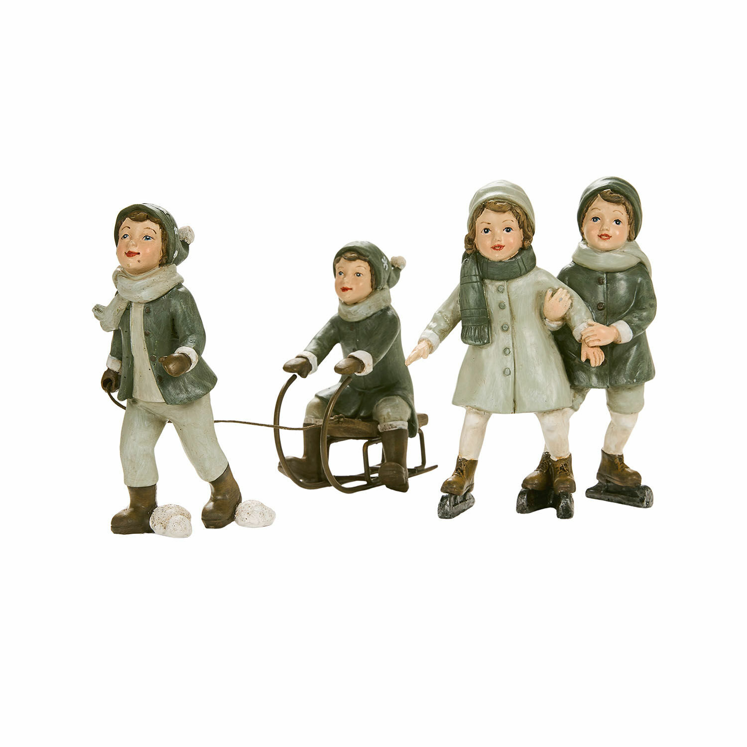 grün Set aus Kinderfiguren in grüner Winterkleidung beim Schlittenfahren und Schlittschuhlaufen