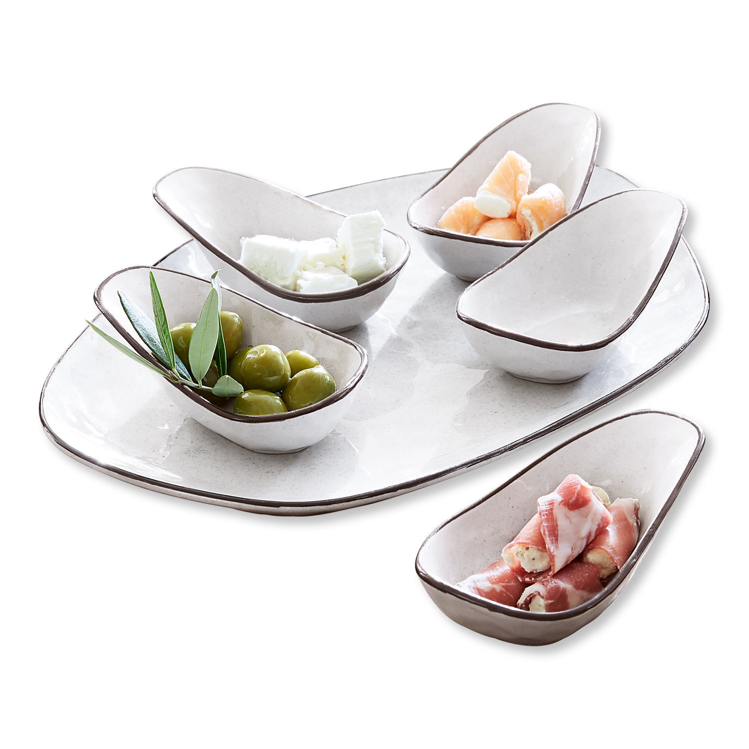 Servierschälchen 6er Set Biarré Set aus cremefarbenen Keramikschalen mit braunem Rand für Snacks und Oliven