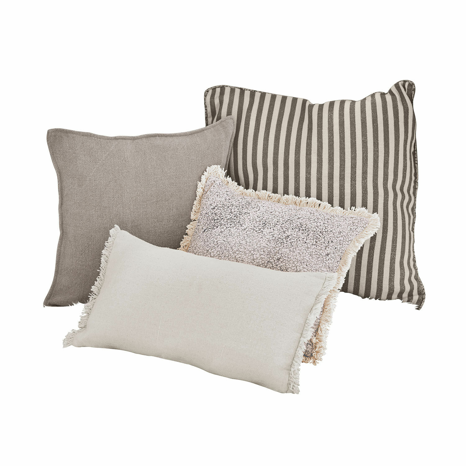 Kissen 4er Set Valenciennes Set aus vier dekorativen Kissen in Beige- und Brauntönen mit verschiedenen Mustern und Fransen