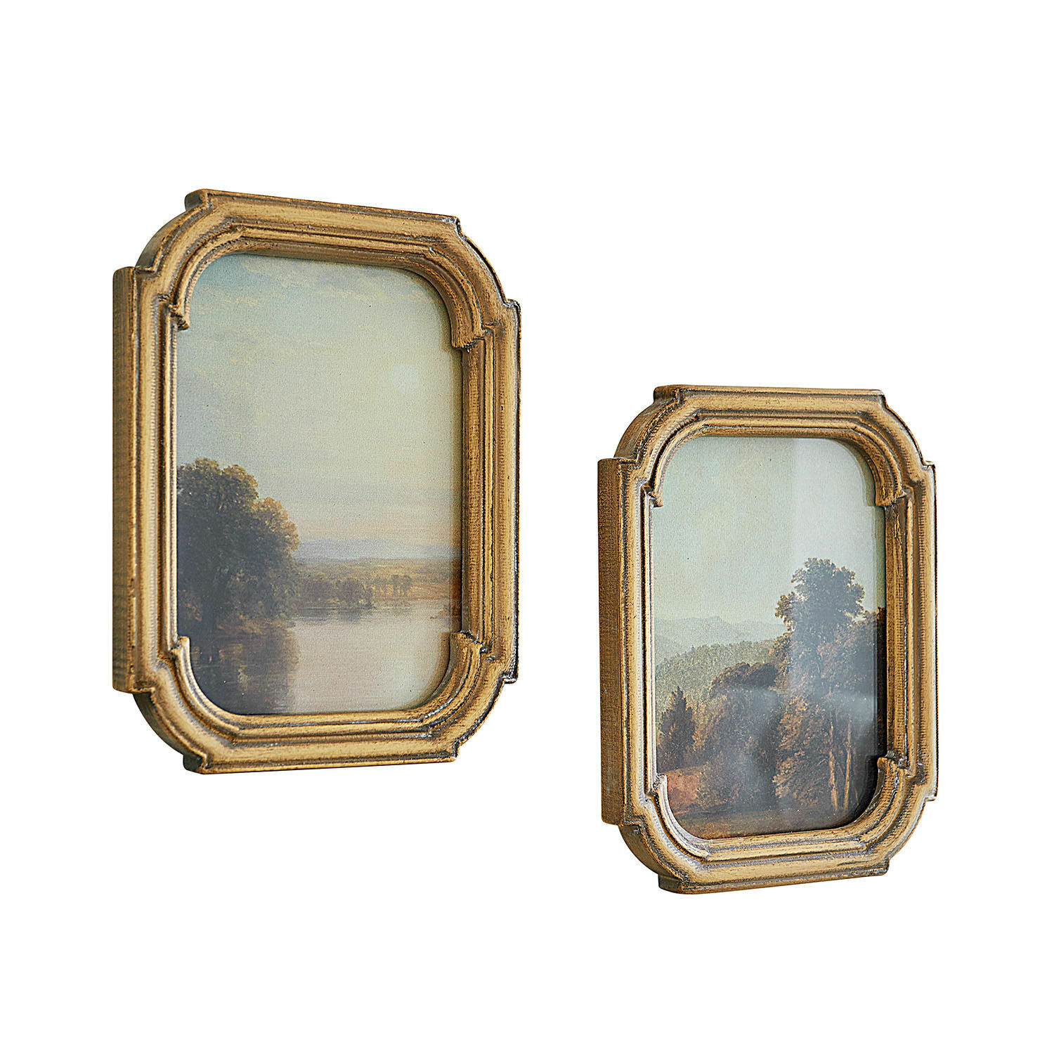 Bild 2er Set Fleuroix Set aus zwei goldfarbenen Holzrahmen mit klassischen Landschaftsbildern, Vintage-Wanddeko.