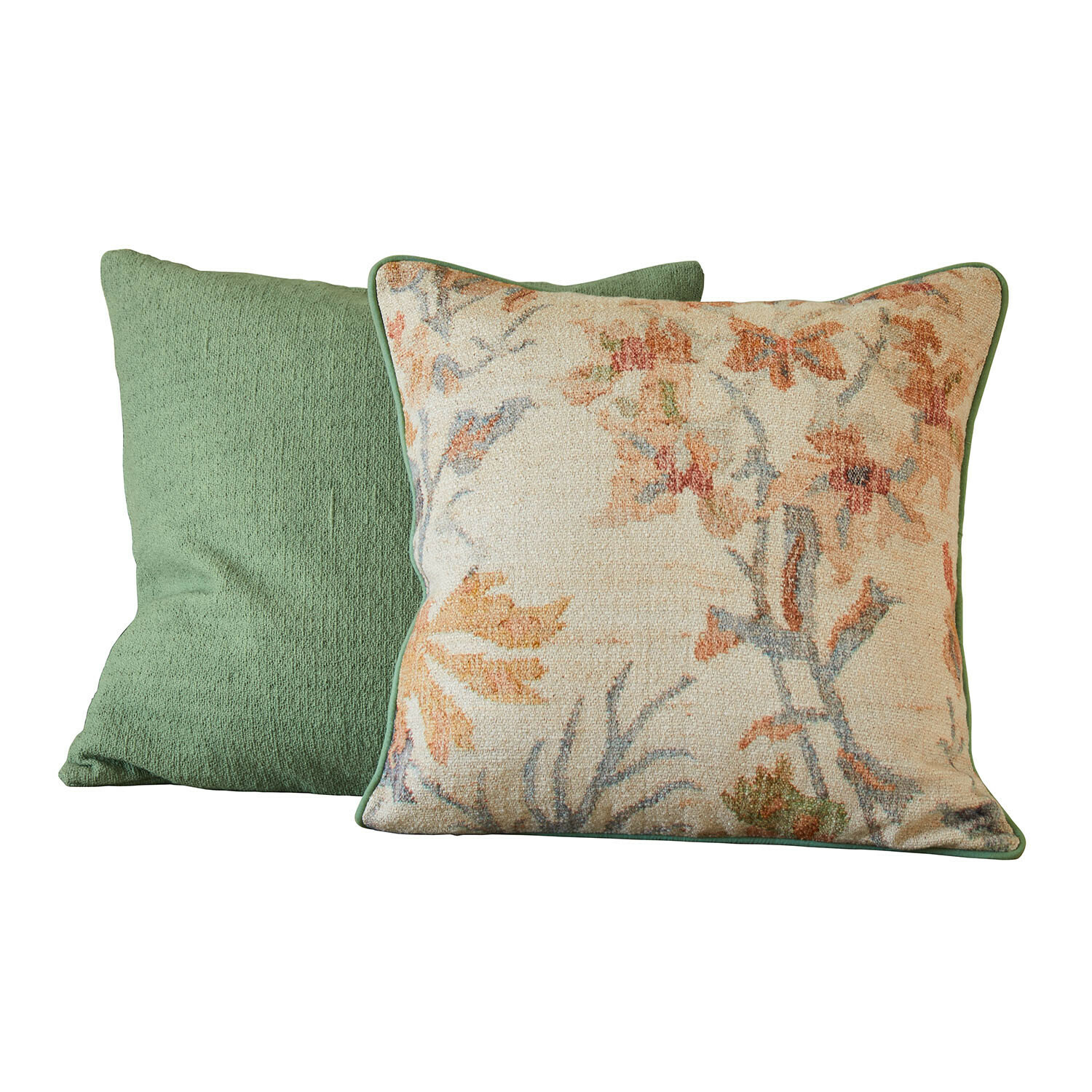 Set aus zwei Dekokissen, einfarbig grün und eines mit floralem Muster auf cremefarbenem Grund