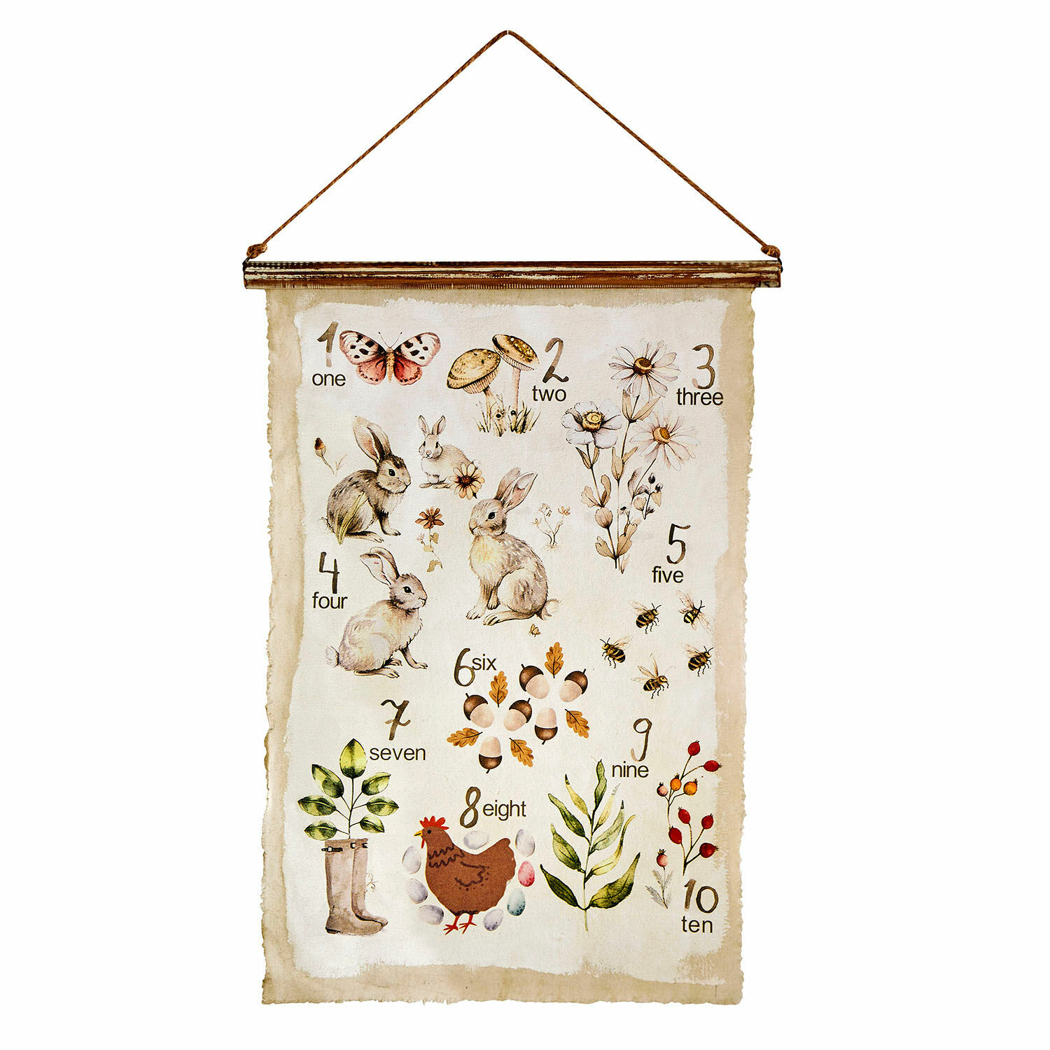 Wandbild Kalhira Dekorativer Wandbehang mit Zahlen und Illustrationen von Kaninchen, Blumen und Tieren auf beigem Hintergrund