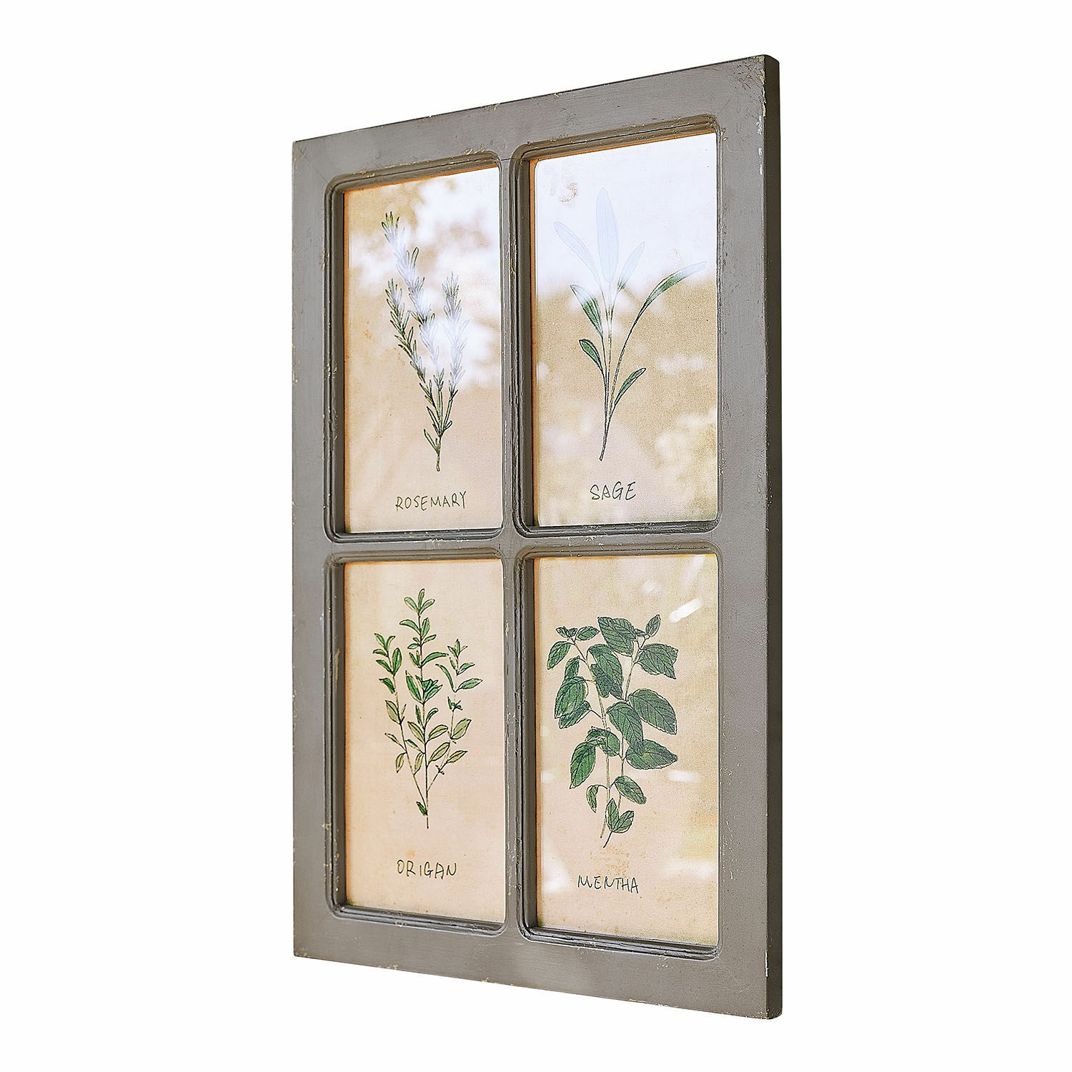 Bild Beaurive Dekorativer Wandrahmen aus grauem Holz mit Kräuterillustrationen von Rosmarin, Salbei, Oregano und Minze