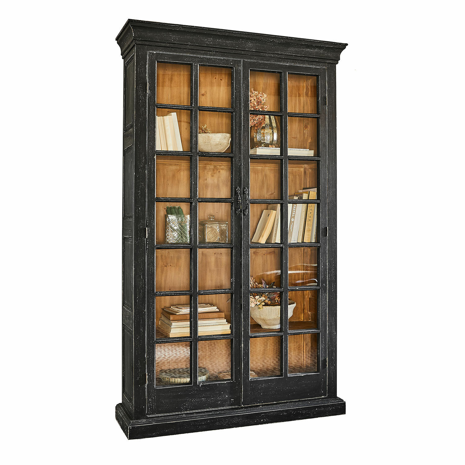 Schrank Mervique Schwarze Holzvitrine mit Glastüren und natürlichem Innenraum, elegantes Wohnzimmermöbel