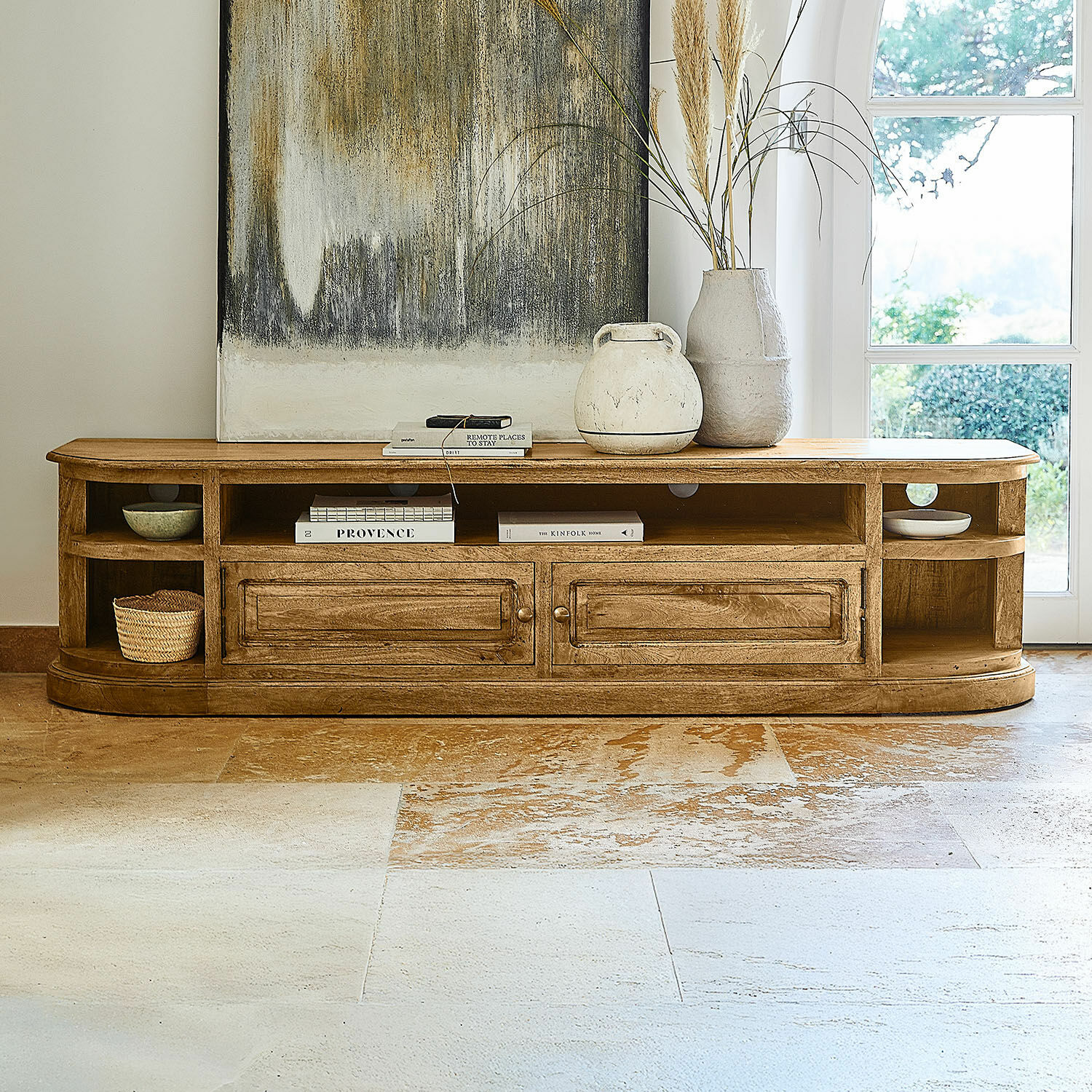 Sideboard Wendalique TV-Möbel aus Holz in Naturfarbe mit Regalen und Schubladen für Wohnzimmer